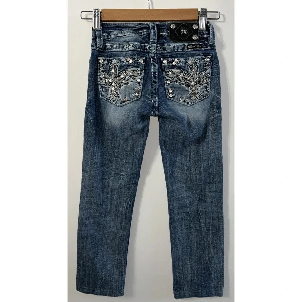 Miss Me Girls Skinny Denim Jeans Sequined Embroidered Pockets Blue  Sz 8 Stretch